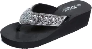 Rhinestone Flip Flops for Women Wedge Slippers Casual Beach Shoes Summer Platform Slides Wedge Sandals (Black, 7.5)