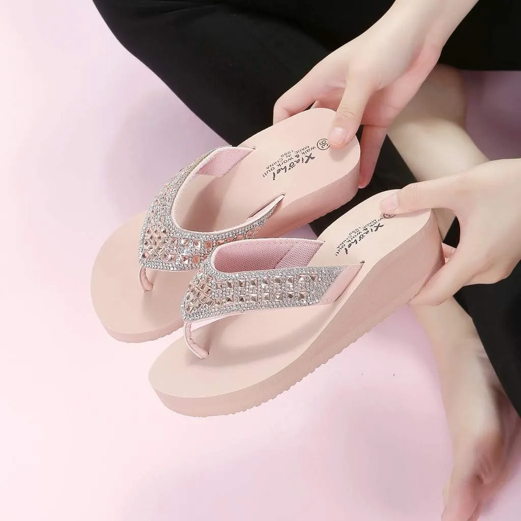 Rhinestone Flip Flops for Women Wedge Slippers Casual Beach Shoes Summer Platform Slides Wedge Sandals (Pink, 7.5)