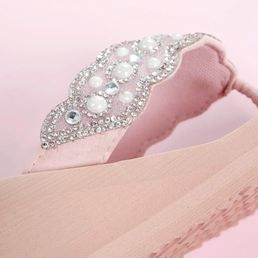 Rhinestone Flip Flops for Women Wedge Slippers Casual Beach Shoes Summer Platform Slides Wedge Sandals (Pink, 7.5)
