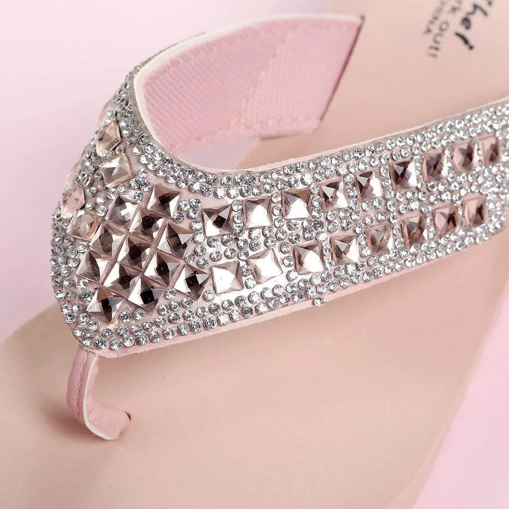 Rhinestone Flip Flops for Women Wedge Slippers Casual Beach Shoes Summer Platform Slides Wedge Sandals (Pink, 7.5)