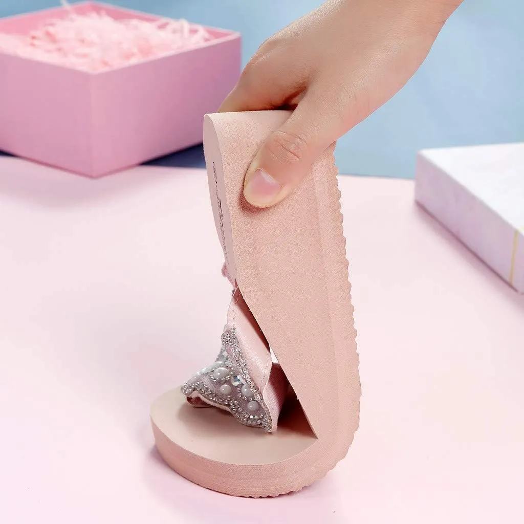 Rhinestone Flip Flops for Women Wedge Slippers Casual Beach Shoes Summer Platform Slides Wedge Sandals (Pink, 7.5)