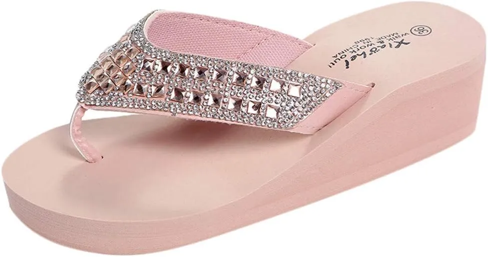 Rhinestone Flip Flops for Women Wedge Slippers Casual Beach Shoes Summer Platform Slides Wedge Sandals (Pink, 7.5)
