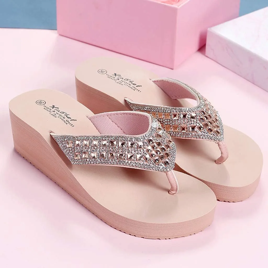Rhinestone Flip Flops for Women Wedge Slippers Casual Beach Shoes Summer Platform Slides Wedge Sandals (Pink, 7.5)
