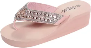Rhinestone Flip Flops for Women Wedge Slippers Casual Beach Shoes Summer Platform Slides Wedge Sandals (Pink, 7.5)