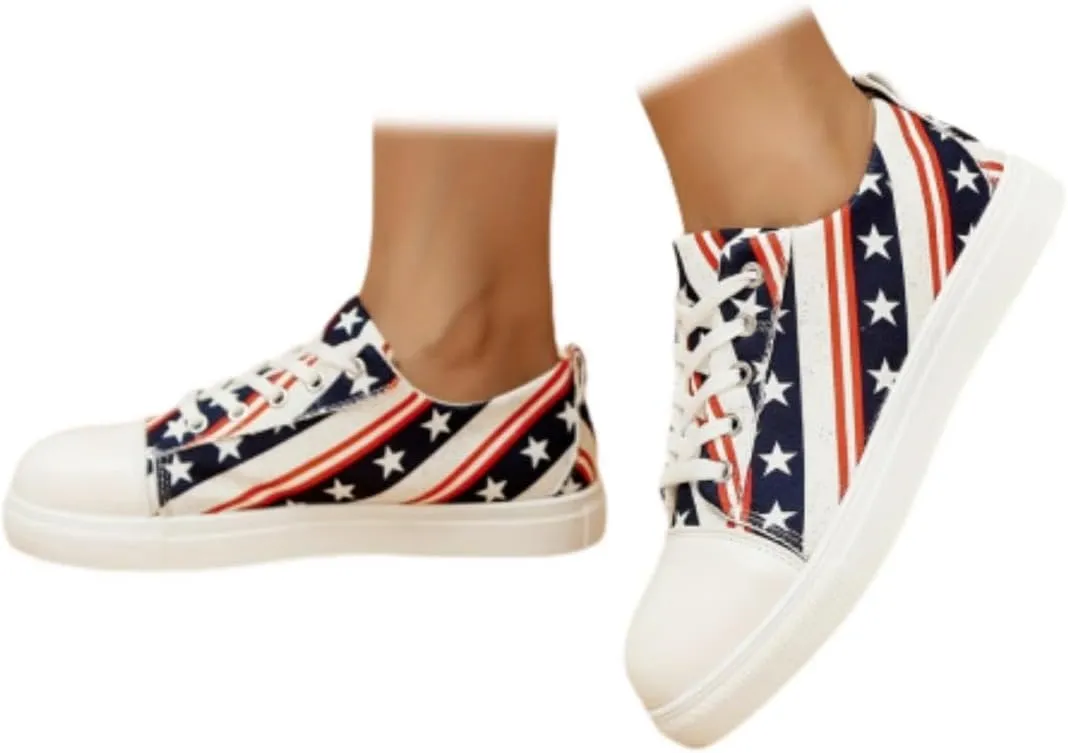 SACFOF Women's Independence Day Casual Shoes,Summer Comfortable Canvas Slip on Resistant Sneakers Classic Casual Walking Shoes