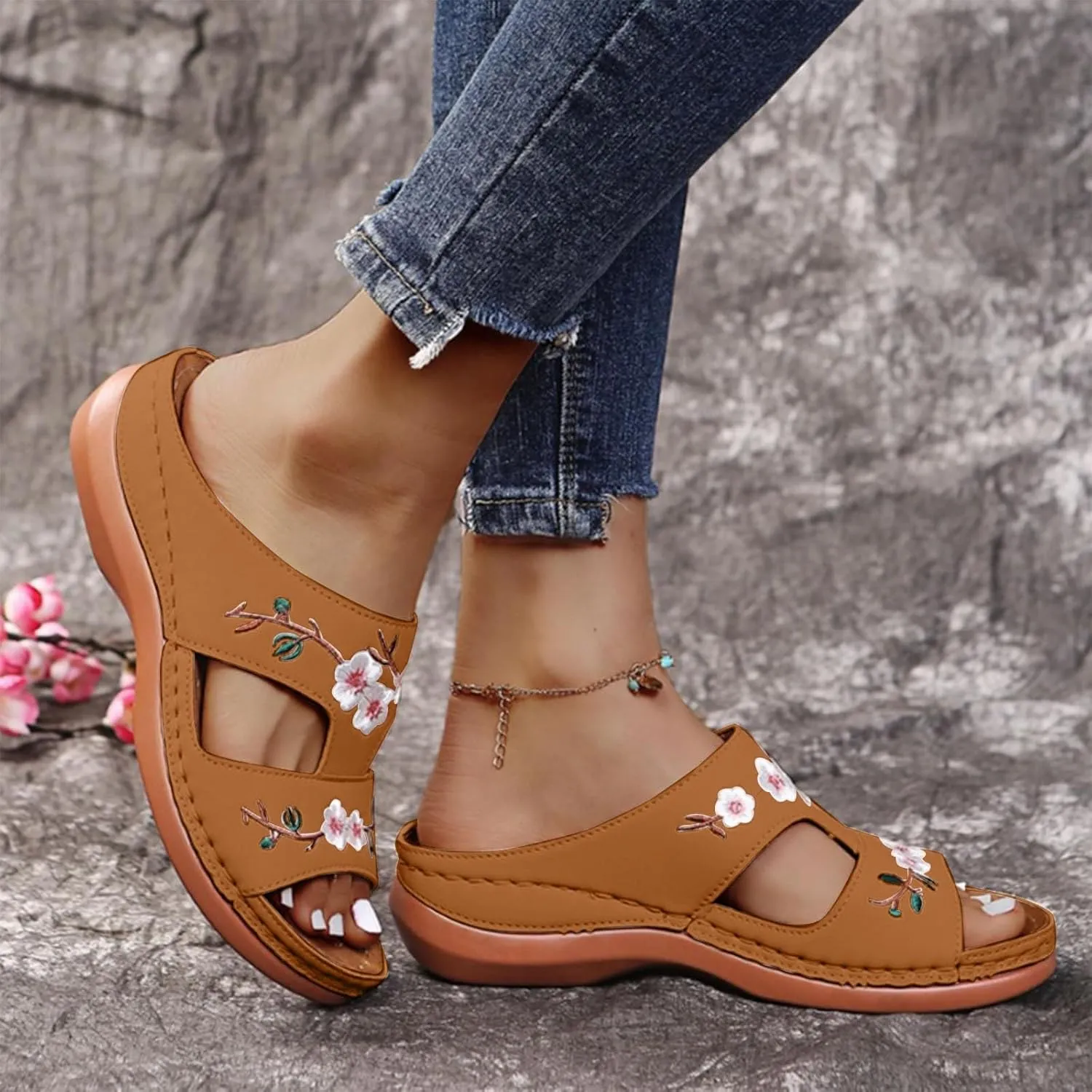Sandals for Women 2024 Wedge Comfortable Boho Beach Sandals Women Arch Support Memory Foam Slip On Slide Slippers