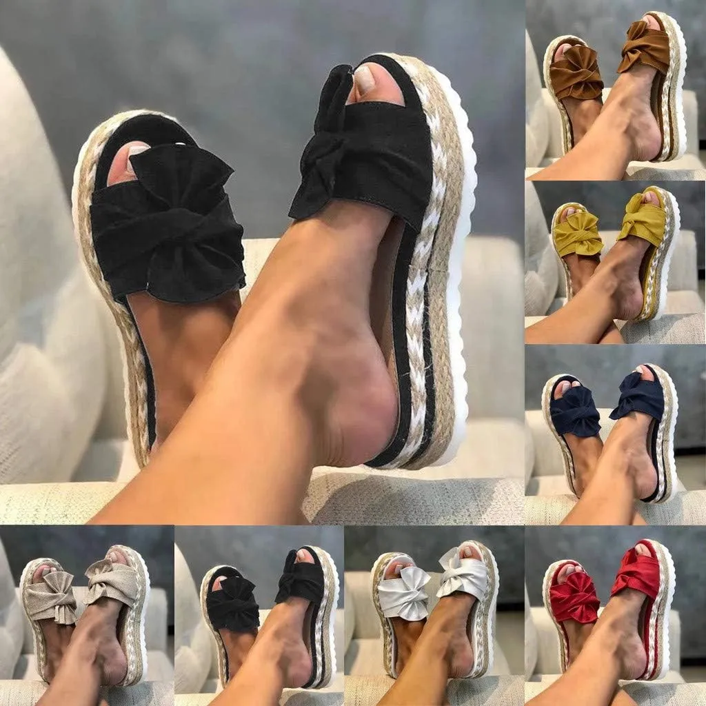 Sandals for Women Flat,Slide Sandals for Women Cork Sole Canvas Summer Cute Knot Bow Ladies Slides Sandals for Women
