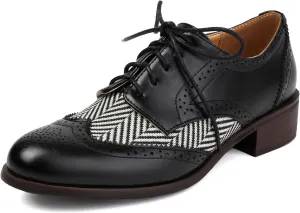 SHEMEE Women's Chunky Low Heels Oxfords Saddle Shoes Creeper Vintage Wingtip Brogues Perforated Flats Lace Up Derby Shoes