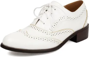SHEMEE Women's Chunky Low Heels Oxfords Saddle Shoes Creeper Vintage Wingtip Brogues Perforated Flats Lace Up Derby Shoes