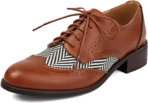 SHEMEE Women's Chunky Low Heels Oxfords Saddle Shoes Creeper Vintage Wingtip Brogues Perforated Flats Lace Up Derby Shoes