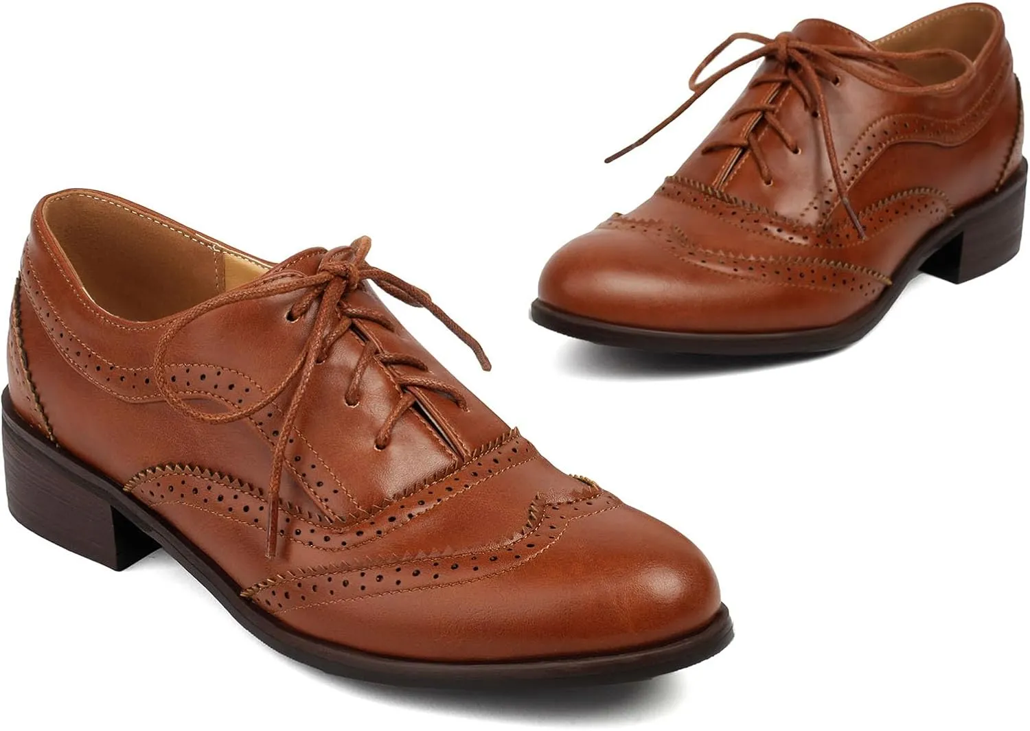 SHEMEE Women's Chunky Low Heels Oxfords Saddle Shoes Creeper Vintage Wingtip Brogues Perforated Flats Lace Up Derby Shoes