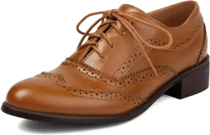 SHEMEE Women's Chunky Low Heels Oxfords Saddle Shoes Creeper Vintage Wingtip Brogues Perforated Flats Lace Up Derby Shoes