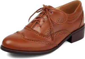 SHEMEE Women's Chunky Low Heels Oxfords Saddle Shoes Creeper Vintage Wingtip Brogues Perforated Flats Lace Up Derby Shoes