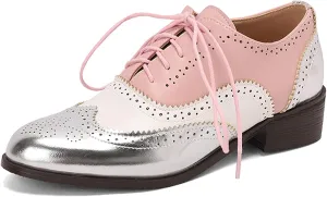 SHEMEE Women's Chunky Low Heels Oxfords Saddle Shoes Creeper Vintage Wingtip Brogues Perforated Flats Lace Up Multi Color Derby Shoes