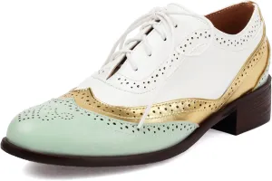 SHEMEE Women's Chunky Low Heels Oxfords Saddle Shoes Creeper Vintage Wingtip Brogues Perforated Flats Lace Up Multi Color Derby Shoes