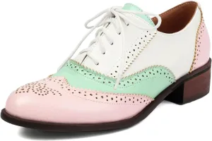 SHEMEE Women's Chunky Low Heels Oxfords Saddle Shoes Creeper Vintage Wingtip Brogues Perforated Flats Lace Up Multi Color Derby Shoes