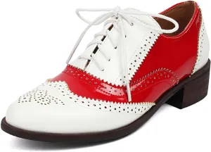 SHEMEE Women's Chunky Low Heels Oxfords Saddle Shoes Creeper Vintage Wingtip Brogues Perforated Flats Lace Up Multi Color Derby Shoes