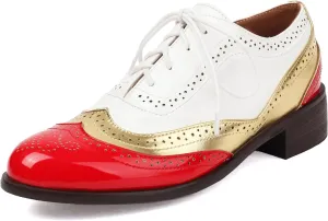 SHEMEE Women's Chunky Low Heels Oxfords Saddle Shoes Creeper Vintage Wingtip Brogues Perforated Flats Lace Up Multi Color Derby Shoes