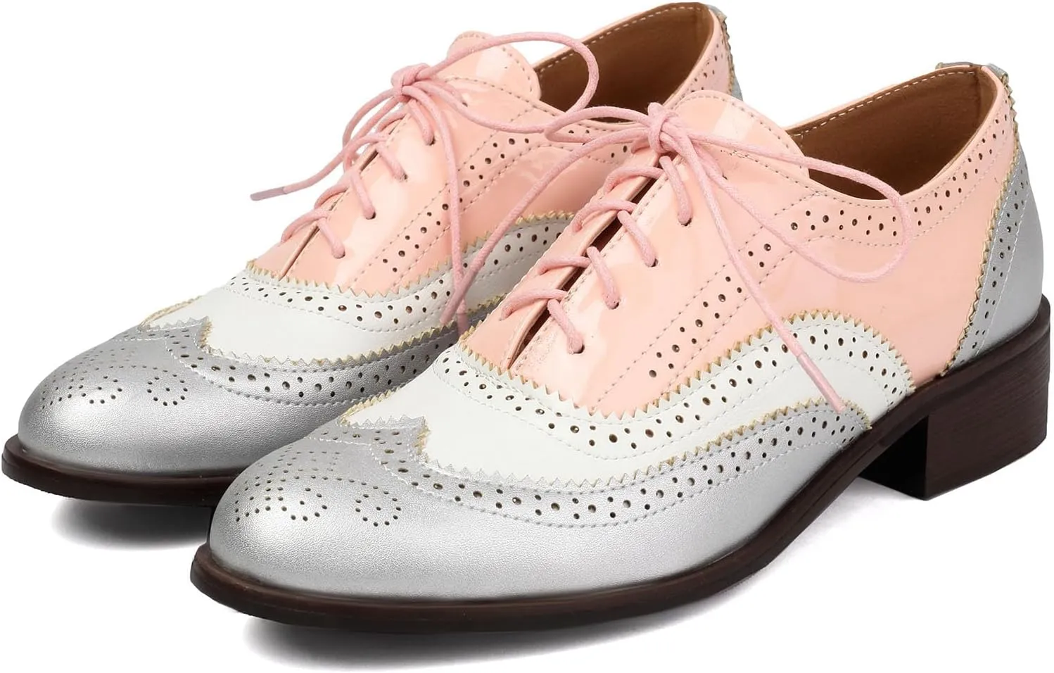 SHEMEE Women's Chunky Low Heels Oxfords Saddle Shoes Creeper Vintage Wingtip Brogues Perforated Flats Lace Up Pumps