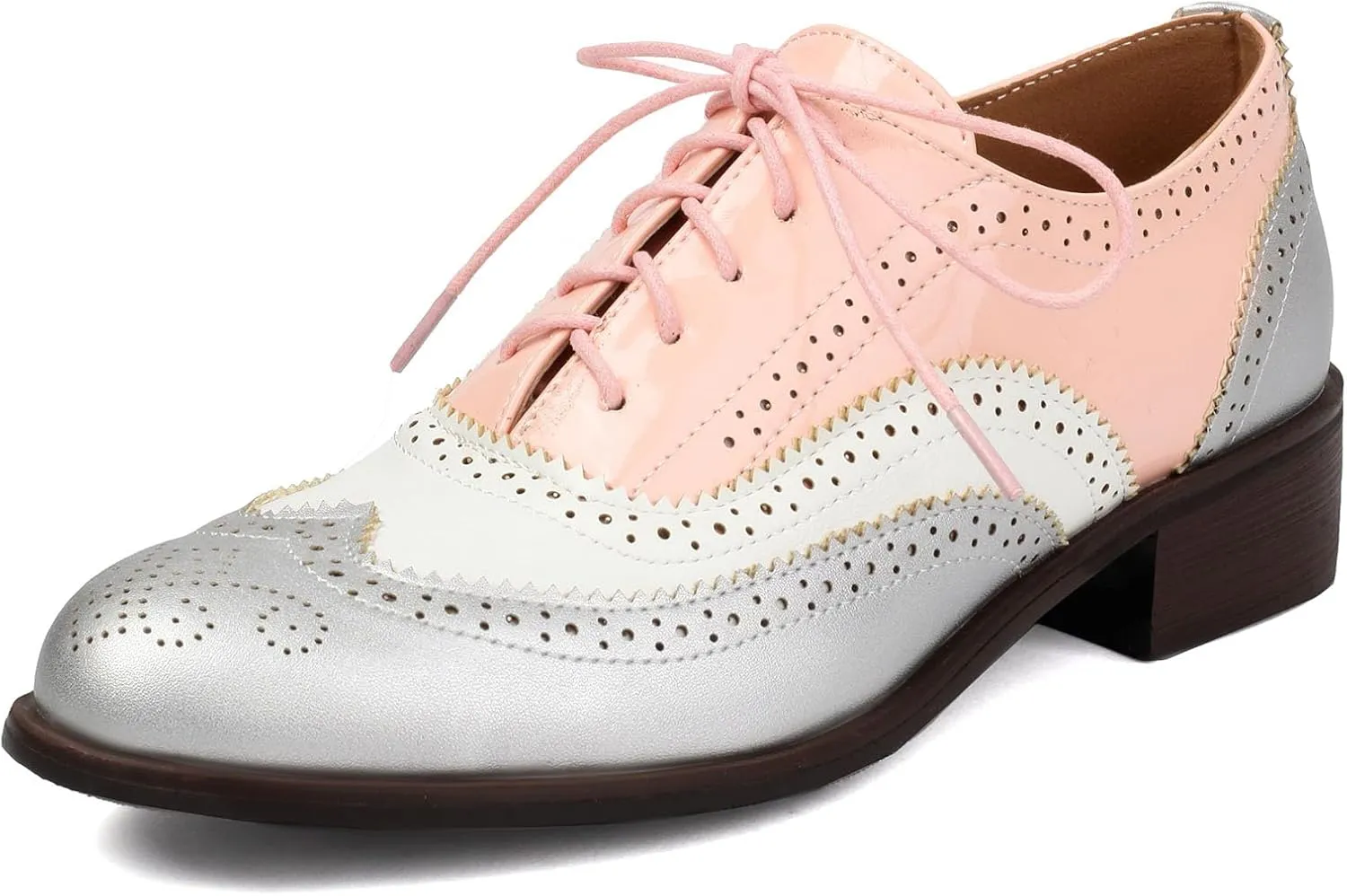 SHEMEE Women's Chunky Low Heels Oxfords Saddle Shoes Creeper Vintage Wingtip Brogues Perforated Flats Lace Up Pumps