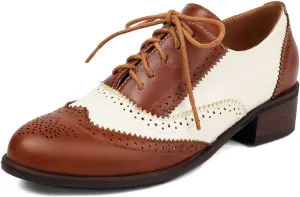SHEMEE Women's Chunky Low Heels Oxfords Saddle Shoes Creeper Vintage Wingtip Brogues Perforated Flats Lace Up Pumps