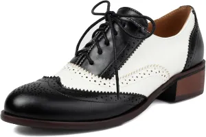 SHEMEE Women's Chunky Low Heels Oxfords Saddle Shoes Creeper Vintage Wingtip Brogues Perforated Flats Lace Up Pumps