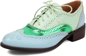 SHEMEE Women's Chunky Low Heels Oxfords Saddle Shoes Creeper Vintage Wingtip Brogues Perforated Flats Lace Up Pumps