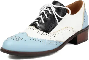 SHEMEE Women's Chunky Low Heels Oxfords Saddle Shoes Creeper Vintage Wingtip Brogues Perforated Flats Lace Up Pumps
