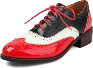 SHEMEE Women's Chunky Low Heels Oxfords Saddle Shoes Creeper Vintage Wingtip Brogues Perforated Flats Lace Up Pumps