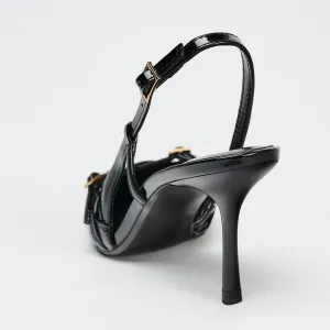 Slingback Heels for Women Closed Pointed Toe Kitten Dress Pumps with Buckle Straps Stiletto Work High Heels Denim Heeled Sandal