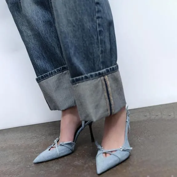 Slingback Heels for Women Closed Pointed Toe Kitten Dress Pumps with Buckle Straps Stiletto Work High Heels Denim Heeled Sandal