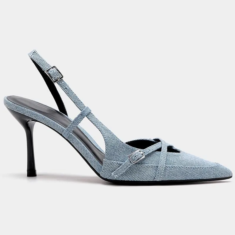 Slingback Heels for Women Closed Pointed Toe Kitten Dress Pumps with Buckle Straps Stiletto Work High Heels Denim Heeled Sandal