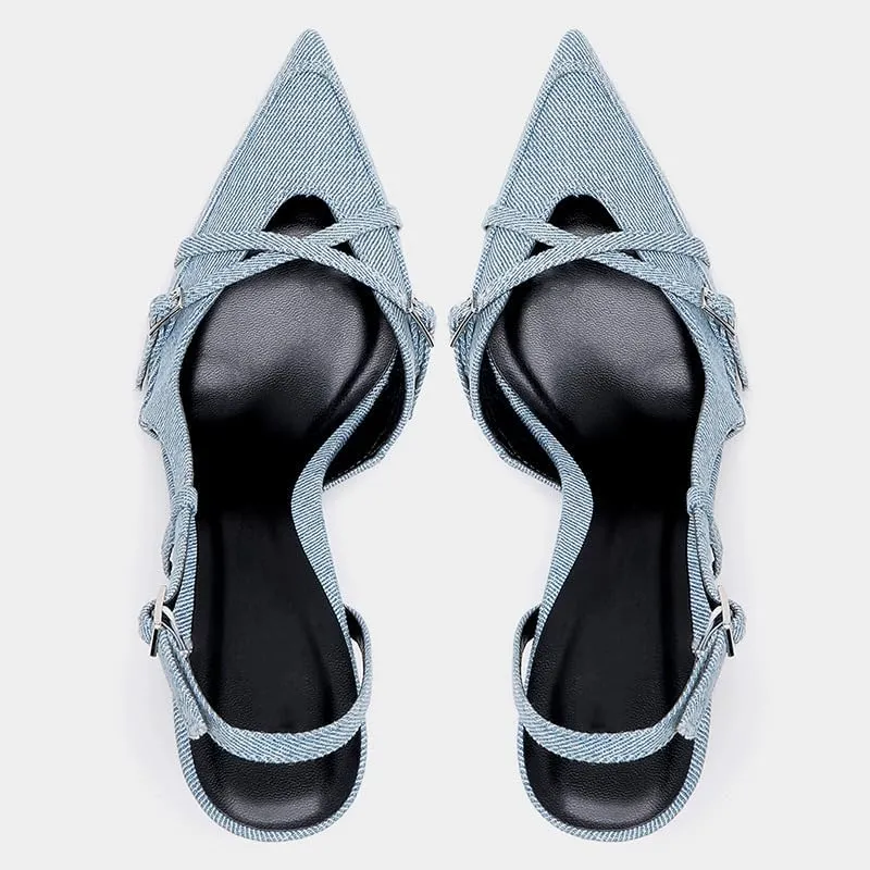 Slingback Heels for Women Closed Pointed Toe Kitten Dress Pumps with Buckle Straps Stiletto Work High Heels Denim Heeled Sandal