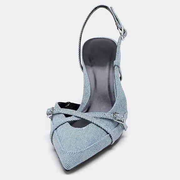 Slingback Heels for Women Closed Pointed Toe Kitten Dress Pumps with Buckle Straps Stiletto Work High Heels Denim Heeled Sandal