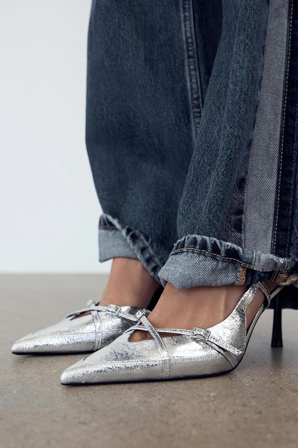 Slingback Heels for Women Closed Pointed Toe Kitten Dress Pumps with Buckle Straps Stiletto Work High Heels Denim Heeled Sandal