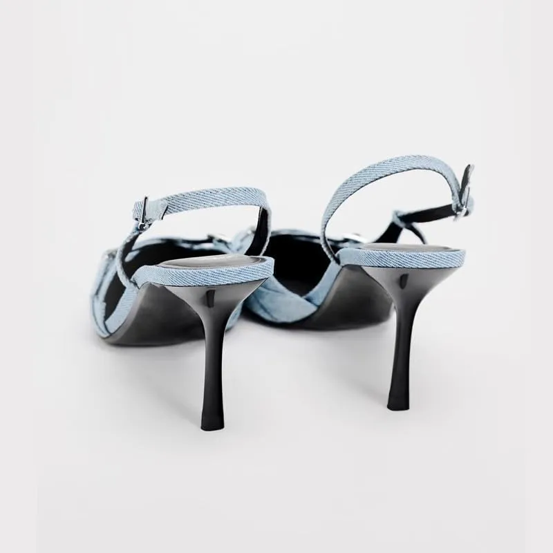 Slingback Heels for Women Closed Pointed Toe Kitten Dress Pumps with Buckle Straps Stiletto Work High Heels Denim Heeled Sandal