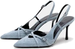 Slingback Heels for Women Closed Pointed Toe Kitten Dress Pumps with Buckle Straps Stiletto Work High Heels Denim Heeled Sandal