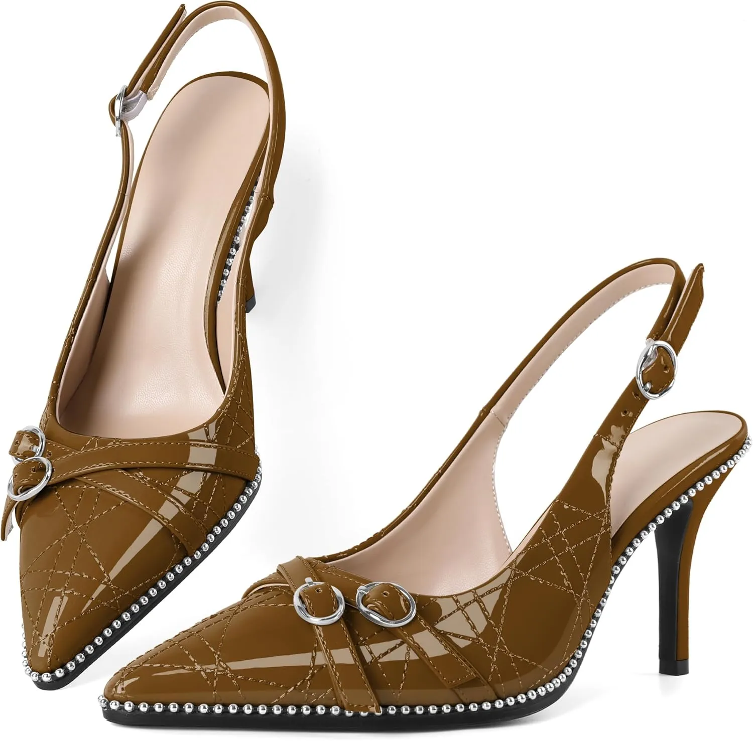 Soireelady Women Slingback Heels Pointed Toe High Stiletto Heels Pumps Buckle Strap Embroidery Fashion Dress Shoes 3.5 Inch