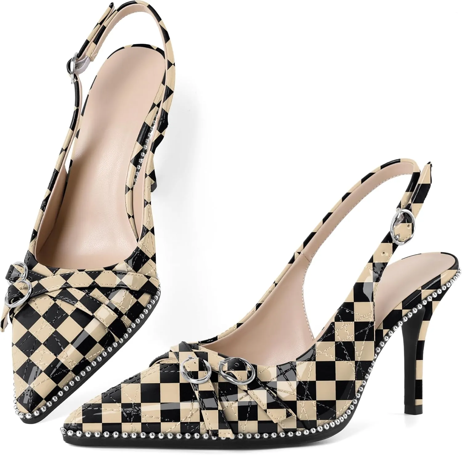 Soireelady Women Slingback Heels Pointed Toe High Stiletto Heels Pumps Buckle Strap Embroidery Fashion Dress Shoes 3.5 Inch