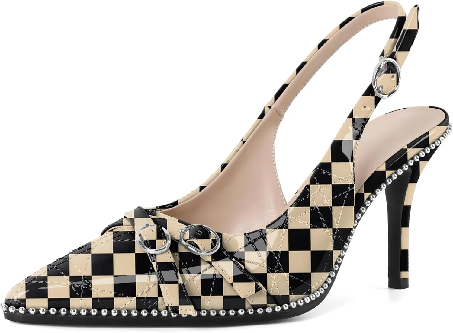 Soireelady Women Slingback Heels Pointed Toe High Stiletto Heels Pumps Buckle Strap Embroidery Fashion Dress Shoes 3.5 Inch