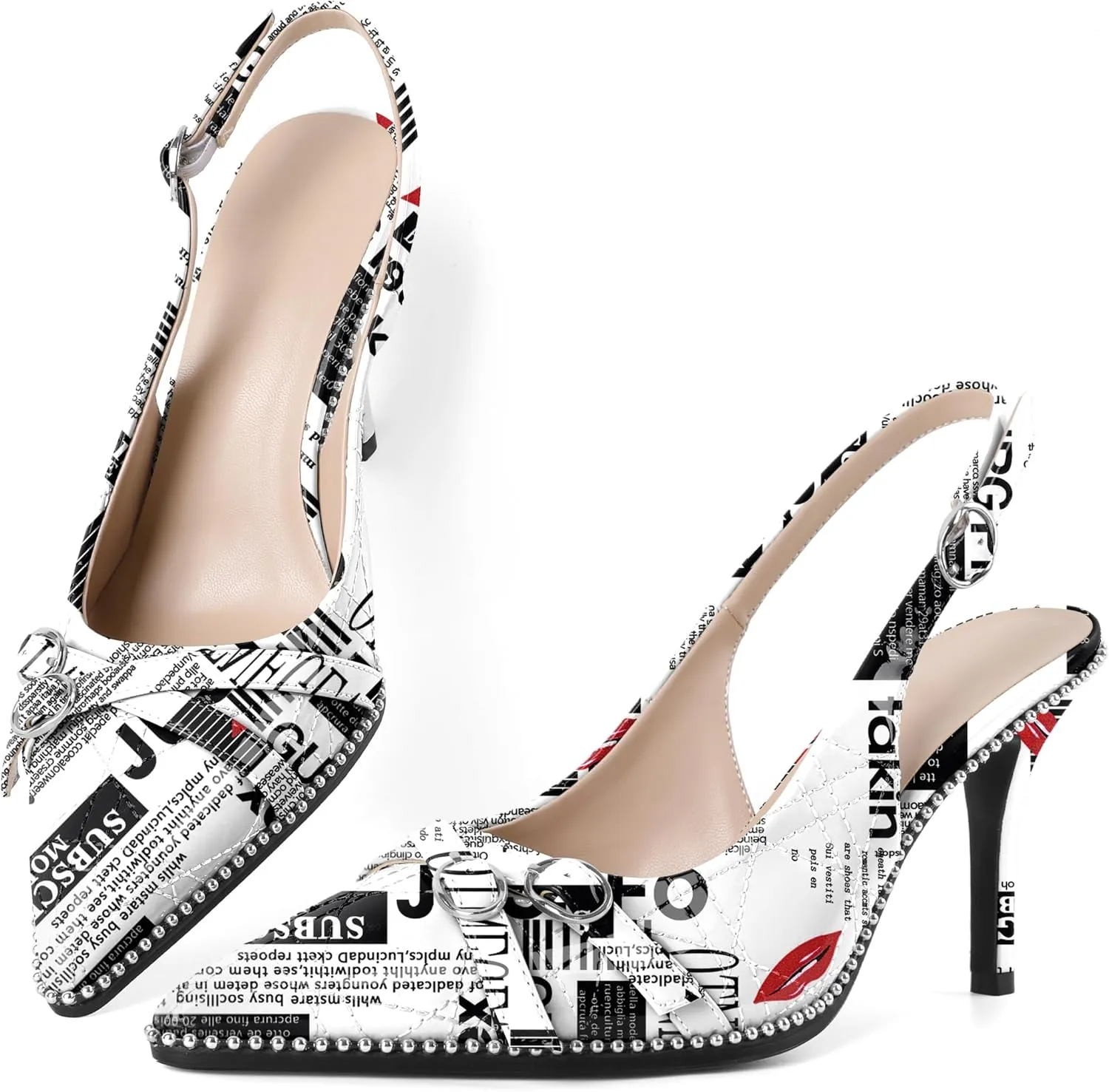 Soireelady Women Slingback Heels Pointed Toe High Stiletto Heels Pumps Buckle Strap Embroidery Fashion Dress Shoes 3.5 Inch
