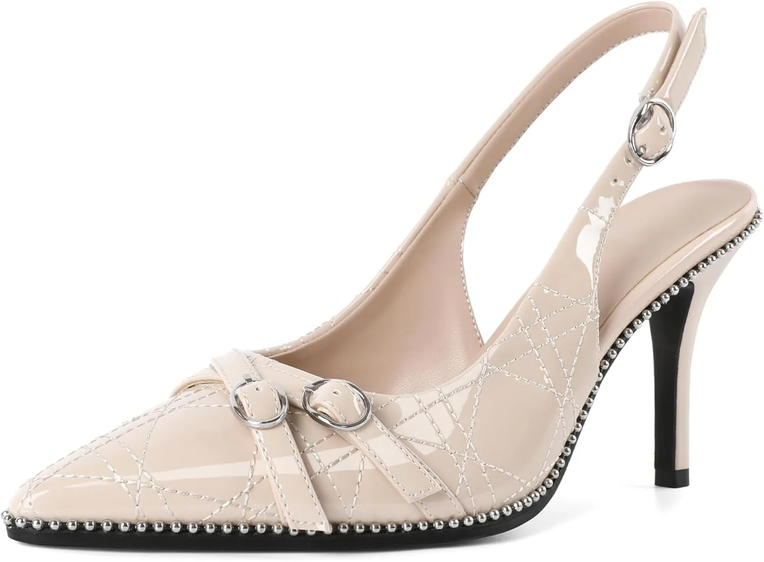 Soireelady Women Slingback Heels Pointed Toe High Stiletto Heels Pumps Buckle Strap Embroidery Fashion Dress Shoes 3.5 Inch