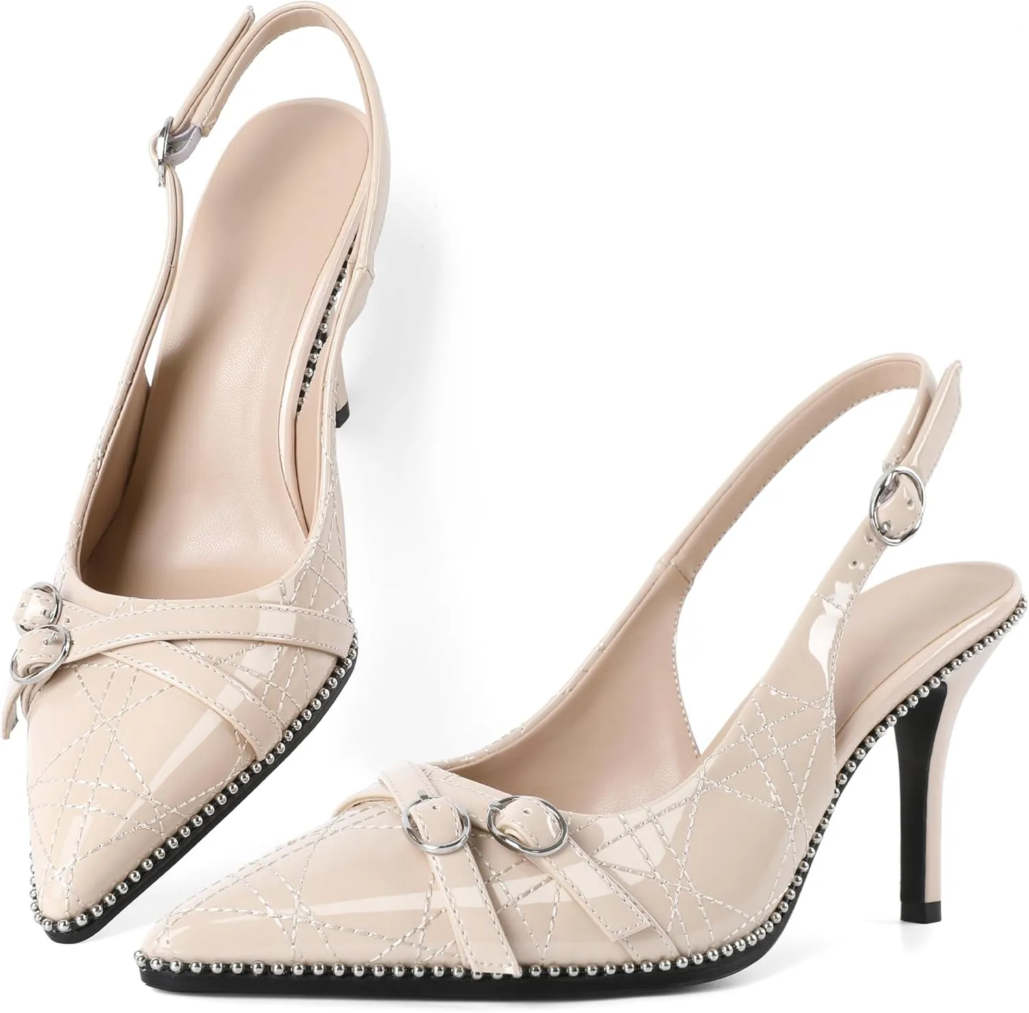 Soireelady Women Slingback Heels Pointed Toe High Stiletto Heels Pumps Buckle Strap Embroidery Fashion Dress Shoes 3.5 Inch