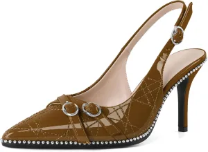 Soireelady Women Slingback Heels Pointed Toe High Stiletto Heels Pumps Buckle Strap Embroidery Fashion Dress Shoes 3.5 Inch