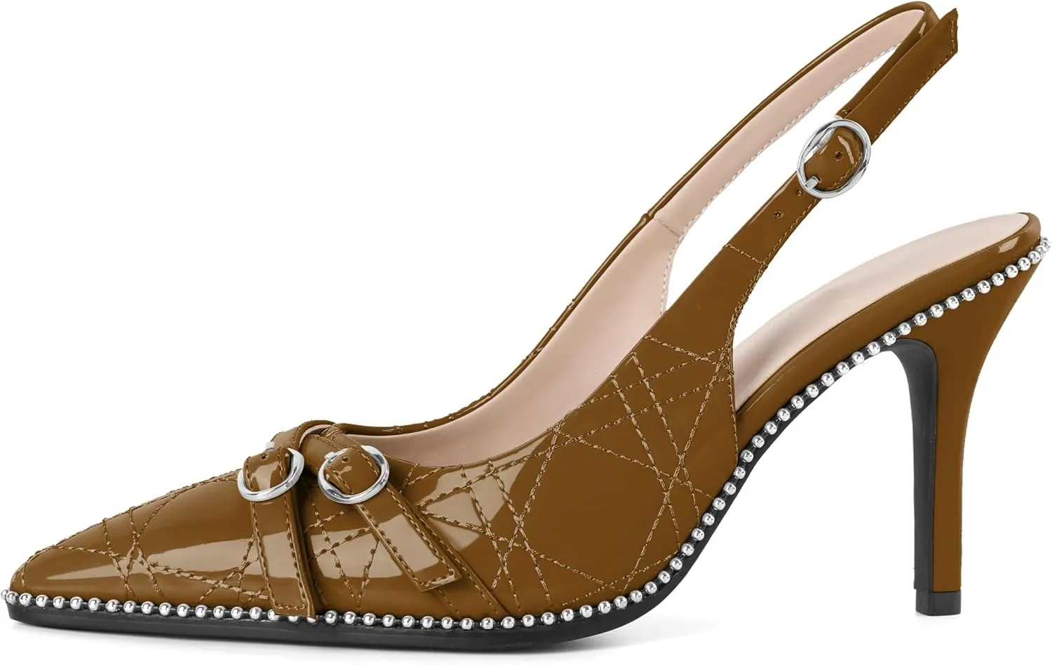 Soireelady Women Slingback Heels Pointed Toe High Stiletto Heels Pumps Buckle Strap Embroidery Fashion Dress Shoes 3.5 Inch