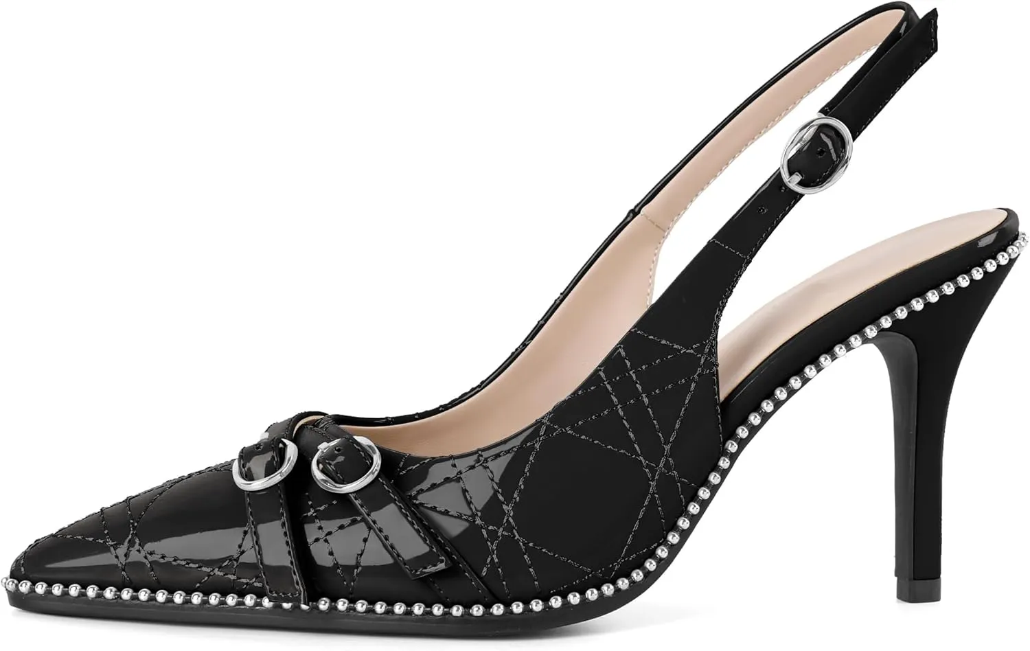Soireelady Women Slingback Heels Pointed Toe High Stiletto Heels Pumps Buckle Strap Embroidery Fashion Dress Shoes 3.5 Inch