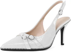 Soireelady Women Slingback Heels Pointed Toe High Stiletto Heels Pumps Buckle Strap Embroidery Fashion Dress Shoes 3.5 Inch