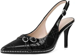 Soireelady Women Slingback Heels Pointed Toe High Stiletto Heels Pumps Buckle Strap Embroidery Fashion Dress Shoes 3.5 Inch