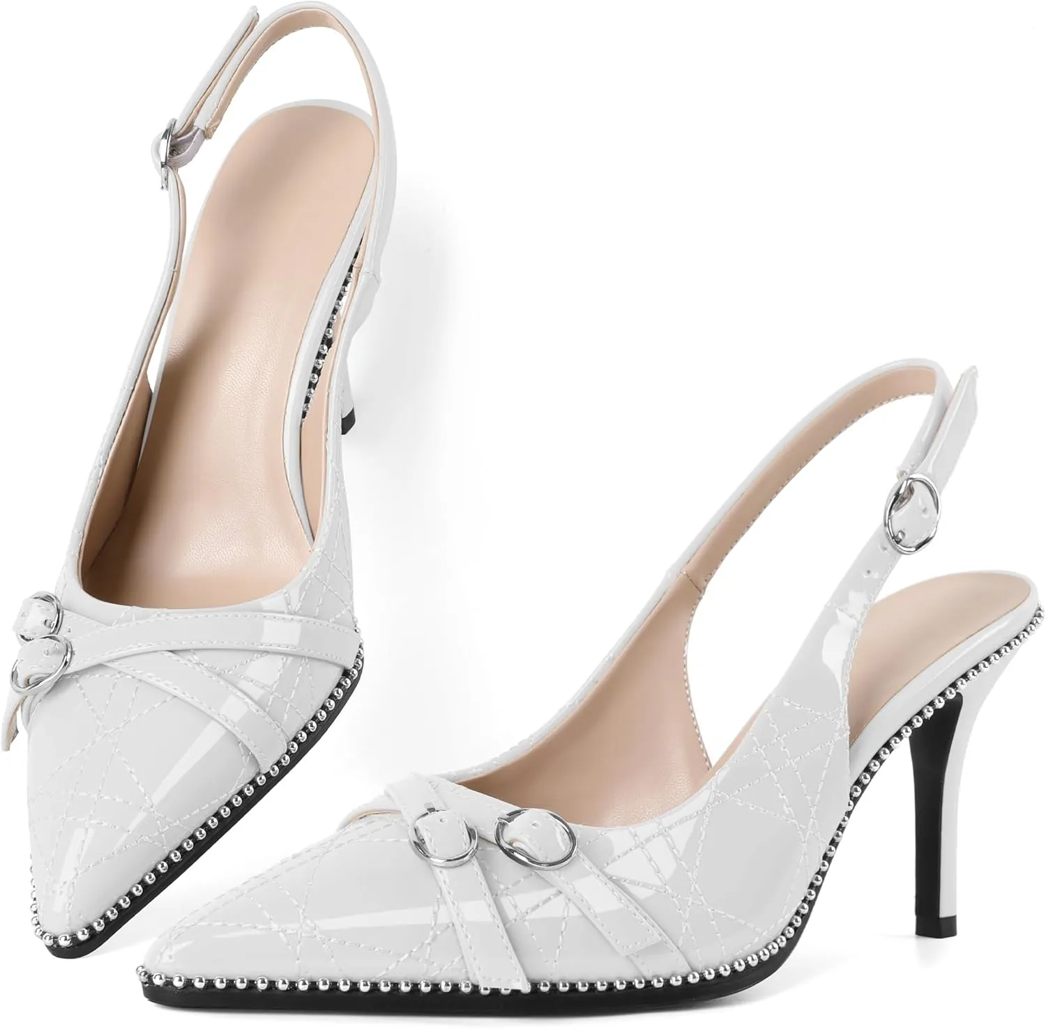 Soireelady Women Slingback Heels Pointed Toe High Stiletto Heels Pumps Buckle Strap Embroidery Fashion Dress Shoes 3.5 Inch
