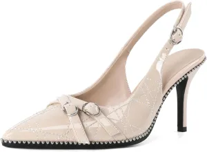 Soireelady Women Slingback Heels Pointed Toe High Stiletto Heels Pumps Buckle Strap Embroidery Fashion Dress Shoes 3.5 Inch